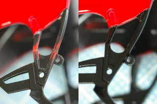 左：折れたステー部分　右：接着乾燥後、ペーパがけして塗装